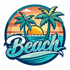 Obraz premium Vector art of circular emblem showcasing a tropical beach at sunset with two palm trees framing the word beach over the sea, conveying a vibrant summer vacation atmosphere and coastal beauty