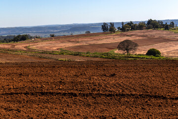 Soil plowed and prepared for planting cassava on a farm in Brazil