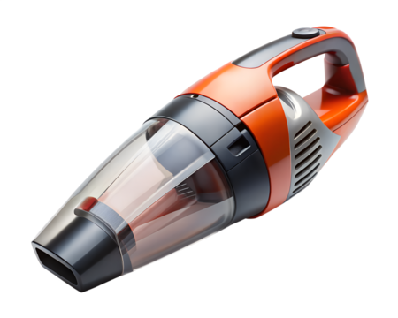 Orange and black portable handheld cordless vacuum cleaner isolated on transparent background