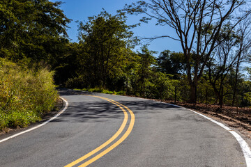 View of an empty paved rural road, flanked by Atlantic forest and eucalyptus fields in a mountain range in Brazil