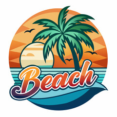 Obraz premium Vector art of retro style illustration of a tropical beach scene with a palm tree and the word beach against a sunset sky and ocean waves, perfect for summer vacation and travel