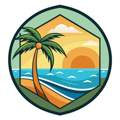 Vector art of stylized illustration of a tropical beach sunset with a palm tree and ocean waves, evoking a sense of vacation and paradise