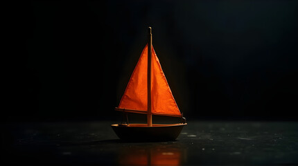 A small sailboat with an orange sail against a dark background