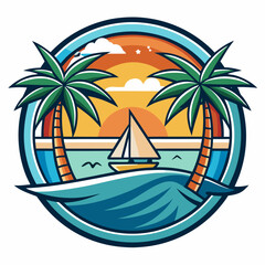 Obraz premium Vector art of vibrant circular emblem featuring a tropical beach scene with palm trees, a sailboat on the ocean, and a colorful sunset sky, evoking a sense of vacation and paradise