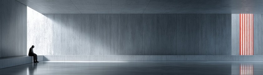 Obraz premium A minimalist interior scene featuring a solitary figure sitting in a stark, geometric space illuminated by natural light and contrasting red stripes, AI-integrated Patriot Day