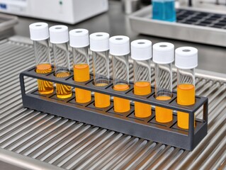 Eight test tubes with orange liquid in a rack, placed on a metal table in a laboratory setting.