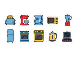 Kitchen Appliances: A vibrant set of digital illustrations showcases essential kitchen appliances, offering a modern, eye-catching design perfect for culinary and home improvement projects.