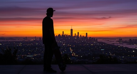 Fototapeta premium The silhouette of a skateboarder against a vibrant sunset, holding their board and looking out over the city.