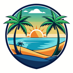 Vector art of stylized circular logo showcasing a tropical beach at dusk with silhouetted palm trees, calm sea, and a radiant sun, symbolizing a perfect summer holiday escape