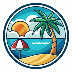 Vector art of a stylized circular illustration depicts a tropical beach scene with a palm tree, a beach umbrella, and the sun setting over the ocean