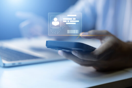 Digital identification or digital ID. Businessman and hand touch virtual screen of digital identification card to accessing databases by digital identity for cyber security. Employee badge.