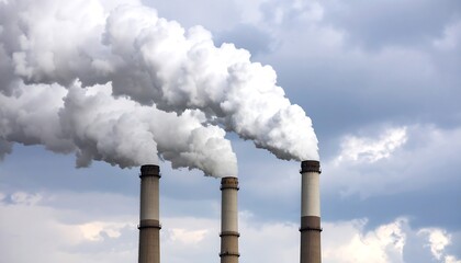 Chimneys emitting smoke against cloudy sky.