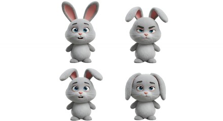 Four cartoon rabbits with different expressions