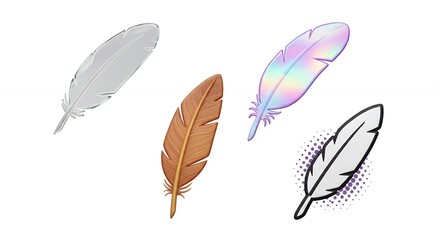 Four colorful stylized feather illustrations
