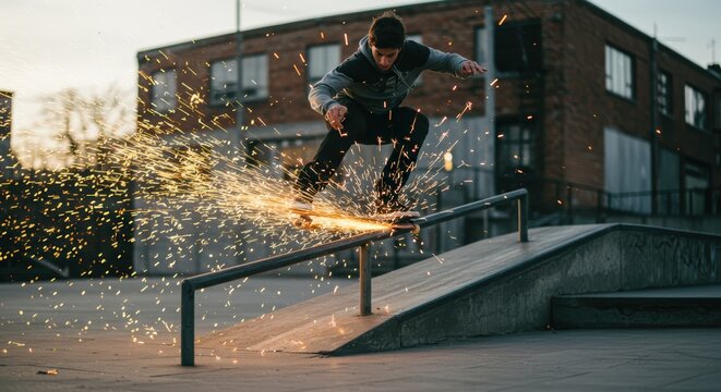 A low-angle shot of a skateboarder grinding down a metal handrail, creating a shower of sparks.