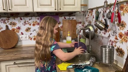 Teenage girl engaged in household chores in the kitchen, tidying up and fulfilling domestic responsibilities. Focused and diligent, she helps maintain a clean and organized home environment. 