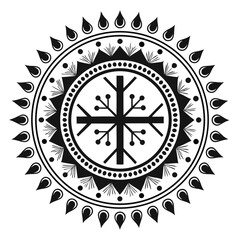 Obraz premium Intricate Black and White Circular Motif: A Stylized Ornamental Design with Radial Symmetry and Geometric Accents for Decorative Applications. 