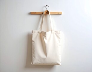 Off-white tote bag hanging on wooden rack against white wall
