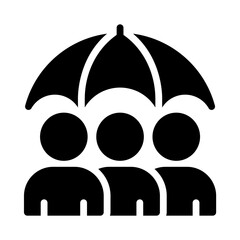 Silhouette Icon of Group Insurance with Umbrella Over People Representing Team Protection, Employee Benefits, and Social Security Coverage. Ideal for marketing materials, educational graphics, and web