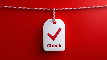 White tag with a red check mark on it is hanging from a red rope. The tag is attached to a red background