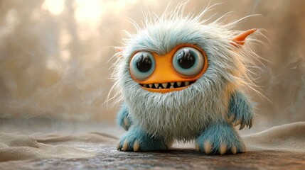 Fototapeta premium Fluffy, light blue creature with large, expressive eyes, and orange accents, posed on a sandy surface. Fuzzy texture and cartoonish features create a friendly monster aesthetic