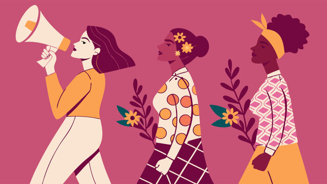 Three Diverse Women Marching for Equality and Empowerment.