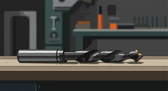 Cartoon illustration drill bit resting on a bench. Dark workshop, tools