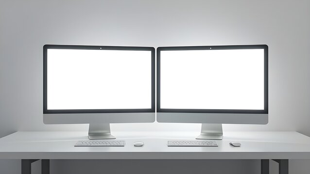 Two matching blank computer monitors and keyboards on a white desk.