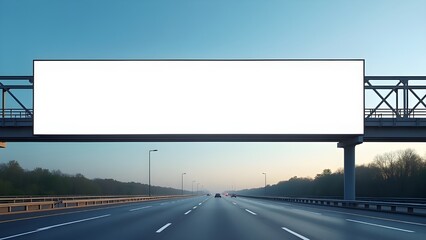 A wide blank horizontal billboard over a highway with traffic at sunset.