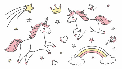 Two Adorable PinkManed Unicorns Galloping with Stars Rainbow and Crown.