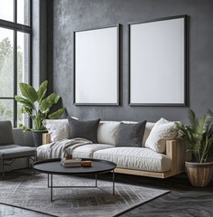 Modern Living Room with Minimalist Decor, Neutral Colors, and Large Windows Featuring Indoor Plants and Empty Picture Frames