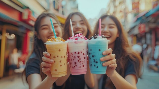 Happy friends enjoying colorful drinks in a bustling street