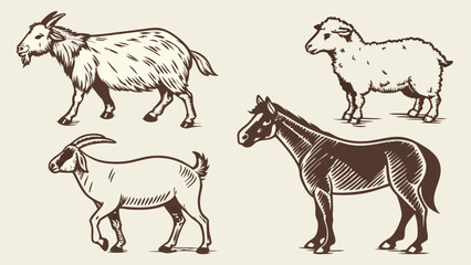 Vector Illustration of Farm Animals Goats Sheep and Horse.
