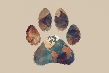 Stylized animal paw print with world map inside/animal day