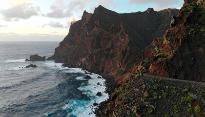 Obraz premium Traveler walking along a cliffside path overlooking the ocean, dramatic waves crashing below