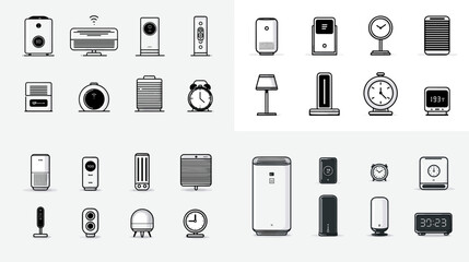 Minimalist line icons of home appliances and small electronic devices including air purifiers, heaters, clocks, and lamps, perfect for home and lifestyle designs.

