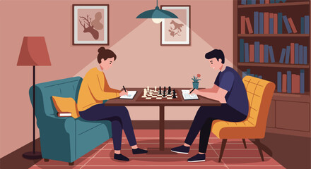 Fototapeta premium Chess Game Two people play chess indoors. Table lamp and bookshelf are in the background