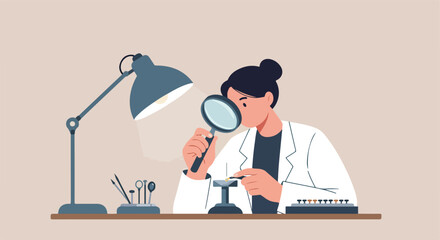At a desk, a person examines with magnifying glass a small object with tweezers