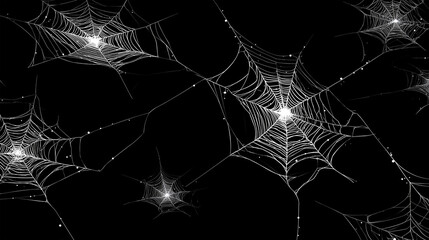 Web of Intrigue: Close-up view of spiderwebs glistening against a dark background, intricate design, reflecting an air of mystery and subtle beauty. 