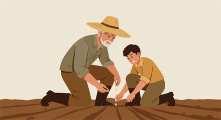 Two people planting seeds in a field, agriculture in neutral colors, soil, plants