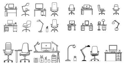Minimalist line icons of home office furniture and accessories including desks, chairs, computers, and lamps, perfect for workspace and productivity designs.

