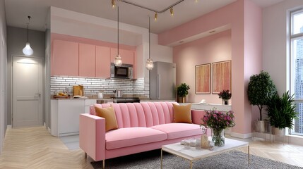Pink couch sits in a living room with a pink wall. The room is decorated with a pink color scheme and has a modern design. There are potted plants and vases in the room, adding a touch of greenery