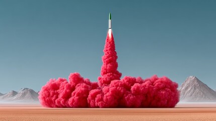 Rocket is launching into the sky, leaving a trail of red smoke behind it. The scene is set in a desert, with mountains in the background. Concept of adventure and exploration, as well as the power
