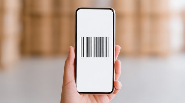 E wallet integration concept. A hand holding a smartphone displaying a barcode on its screen.