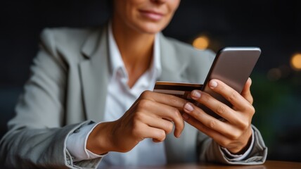 E wallet integration concept. Woman holding a smartphone and credit card, engaged in online shopping.