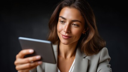 E wallet integration concept. A woman smiles while using a smartphone in a dark setting.