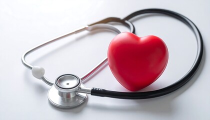 Heart model and stethoscope on white.