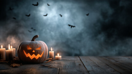 Spooky Halloween Scene: An intricately carved pumpkin sits illuminated by candlelight against a backdrop of ominous fog and silhouetted bats.
