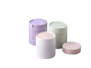 Cylindrical containers with bath products isolated on a transparent background purple