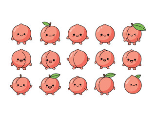 Animated peach characters in array: A delightful set of animated peaches, each exuding personality with varying expressions and poses, evoking a sense of fun and freshness in a whimsical food scene.
